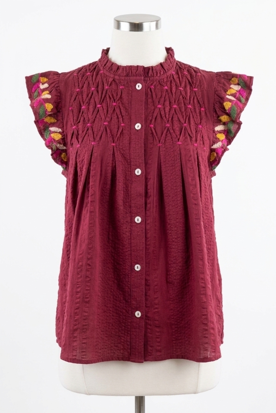 NEW THML women's button up embroidery flutter sleeve top in red